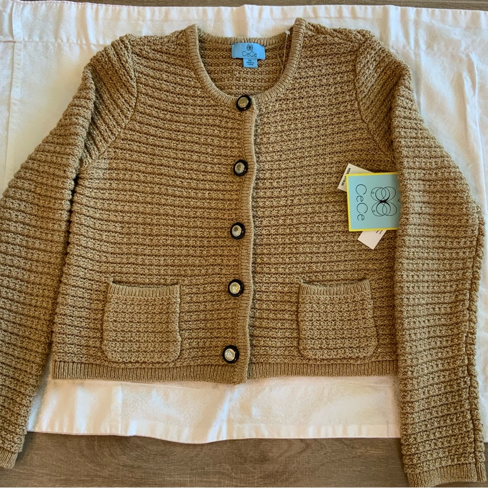 S119 New CeCe Cardigan Women’s Size PS Beige 68% Cotton Metallic Polyester - Picture 5 of 11